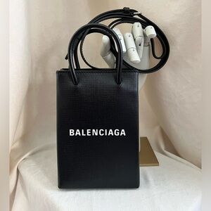 BALENCIAGA Leather Mini Shopping Phone Holder Crossbody Bag
